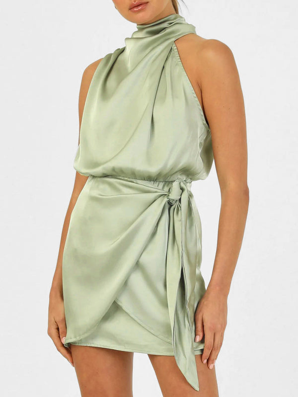 Women's Solid Color Wrap Front Satin Cocktail Dress