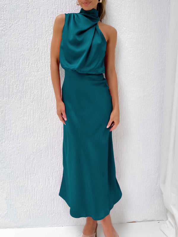 Women's Solid Color Halter Neck Satin Midi Dress