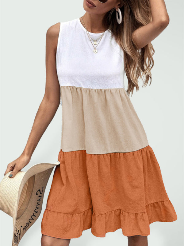 Women's loose casual stitching contrast color ruffled sleeveless vest dress