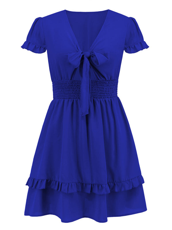 Women's Sold Color Tie Front Crepe Mini Dress