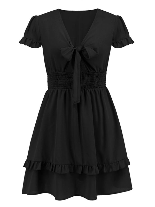 Women's Sold Color Tie Front Crepe Mini Dress