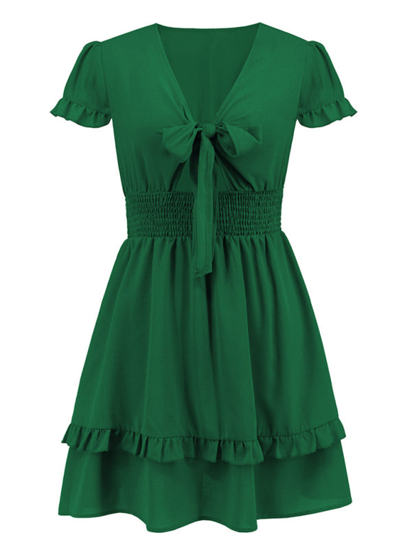 Women's Sold Color Tie Front Crepe Mini Dress