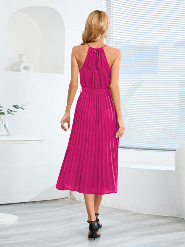Women's Solid Color Pleated Halter Midi Dress