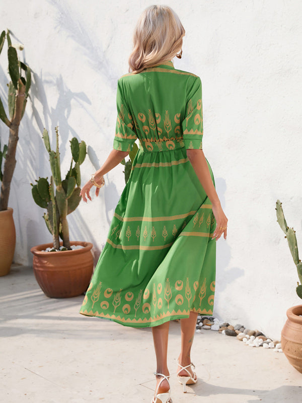 Women's Printed Three-quarter-sleeve Shirred-waist Crepe Maxi Dress