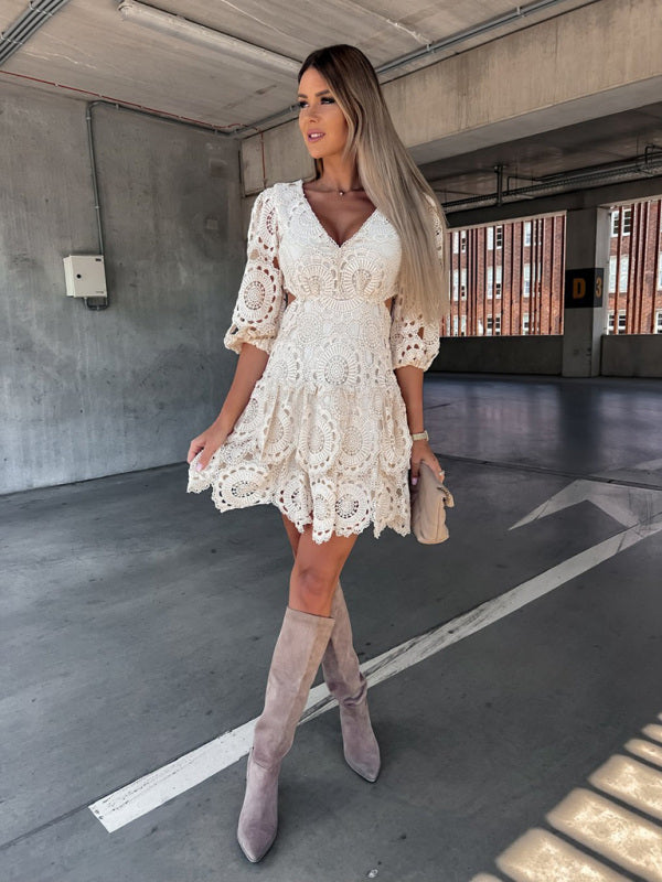 Women's Solid Color Puff Sleeve Lace Tiered Mini Dress