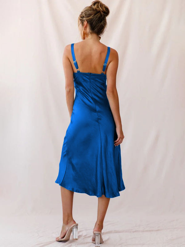 Women's Solid Color Tie-front Cutout Satin Midi Dress