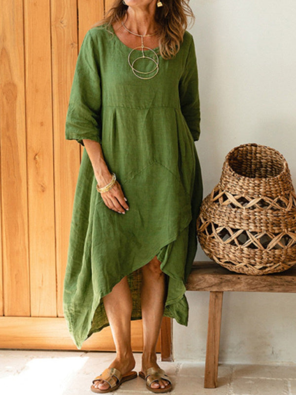 Casual cotton linen round neck solid color three-quarter sleeves loose mid-length dress