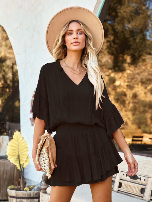 Solid color pullover ruffled sleeves elastic waist cake skirt dress