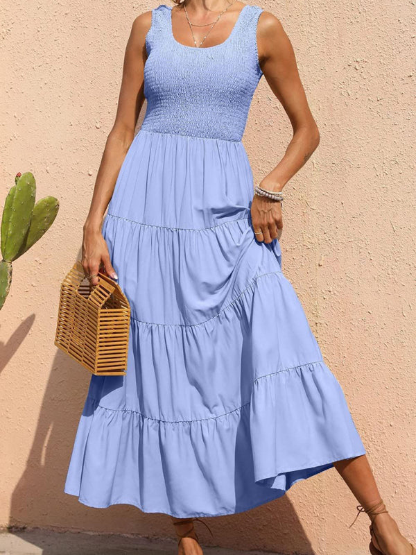 Women's Solid Color Pleated Panel Sleeveless Swing Dress