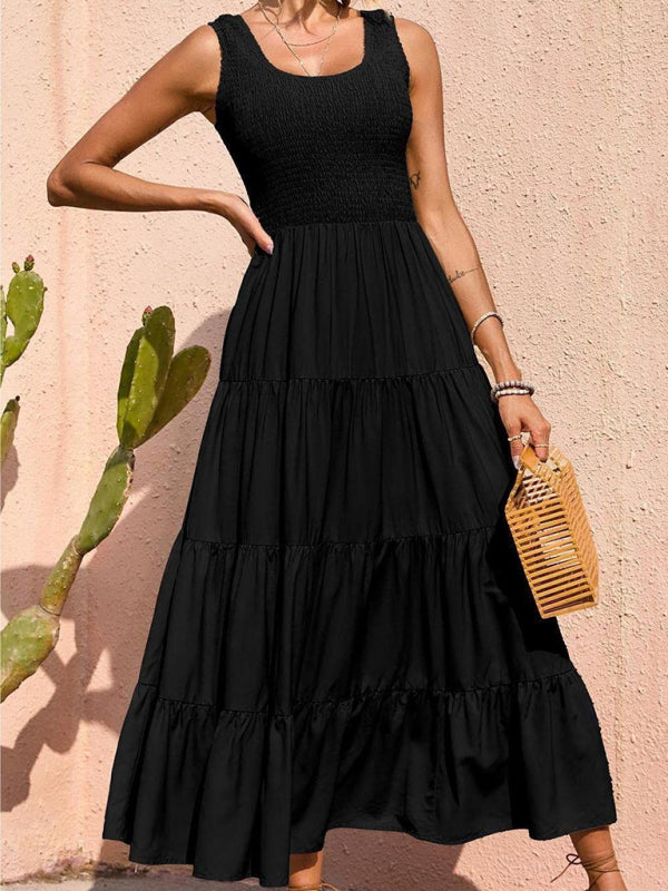 Women's Solid Color Pleated Panel Sleeveless Swing Dress