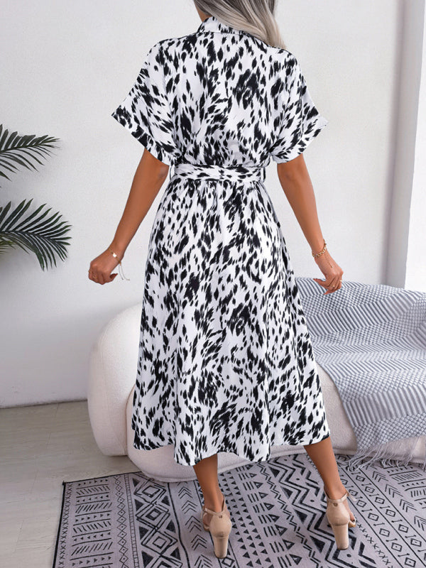 Women's Woven Loose Leopard Print Tie Short Sleeve Shirt Dress