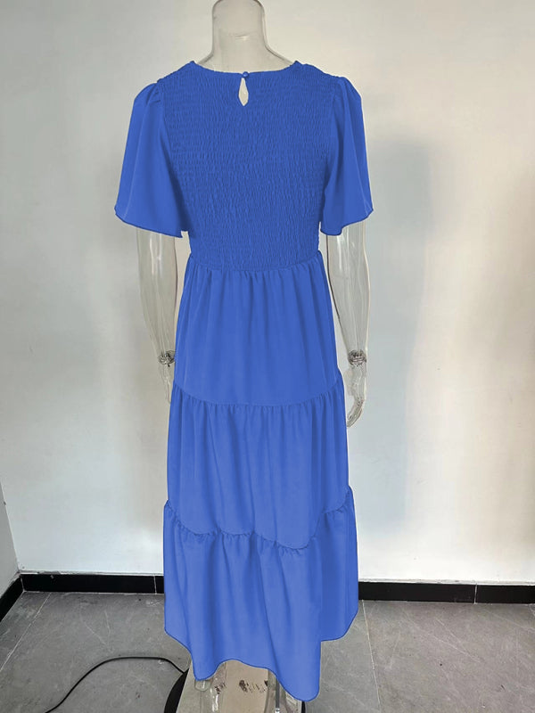 Women's Solid Color Round Neck Pleated Resort Dress