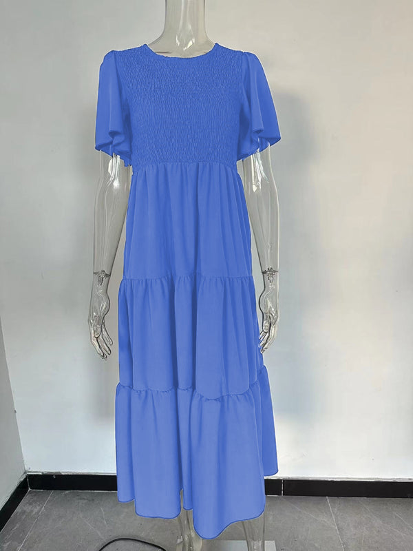 Women's Solid Color Round Neck Pleated Resort Dress