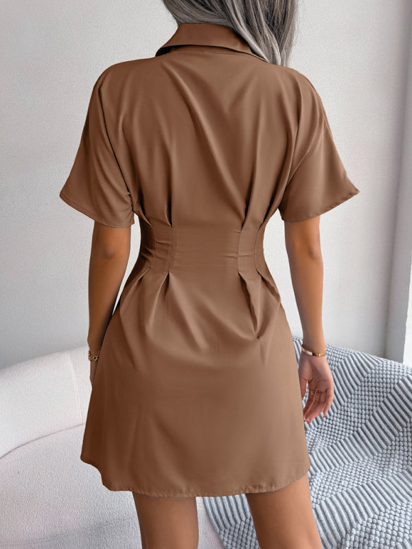 Women's solid color casual waist press folded short-sleeved shirt dress