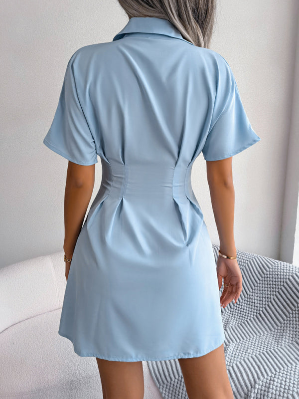 Women's solid color casual waist press folded short-sleeved shirt dress