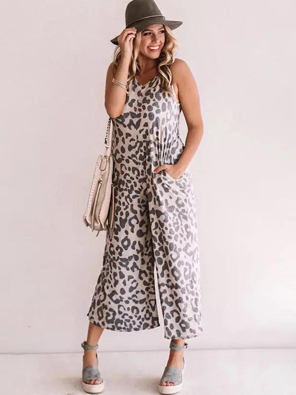 Women's casual fashion V-neck leopard print sleeveless jumpsuit