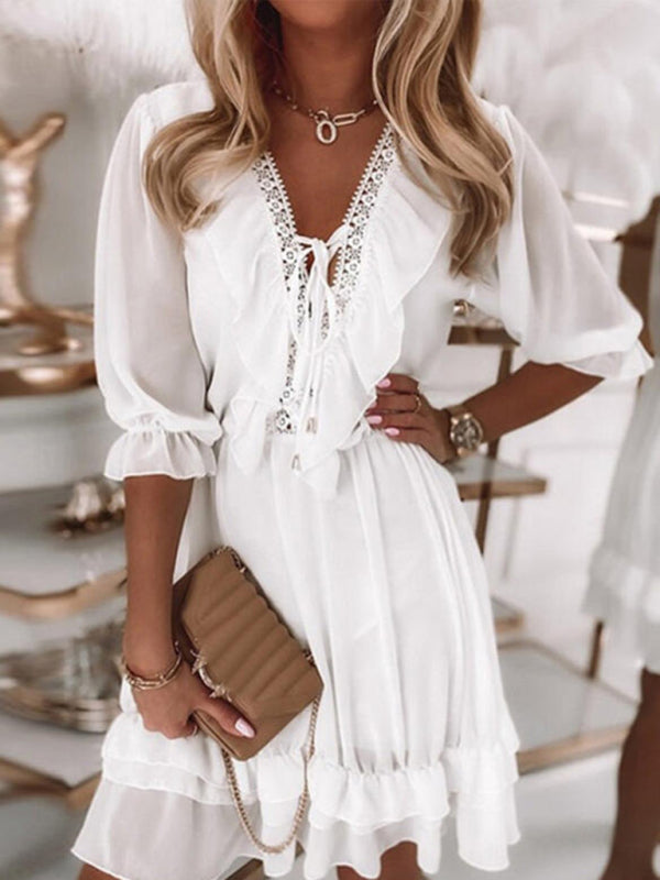 New Arrival V Neck Mosaic Chiffon Loose Casual Dress
