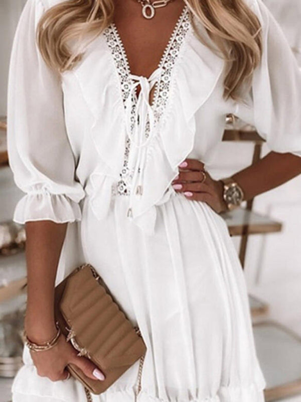New Arrival V Neck Mosaic Chiffon Loose Casual Dress