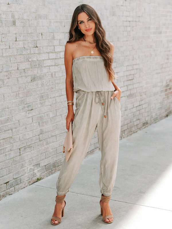 Women's Wrapped Chest Washed Distressed Lace-Up Jumpsuit