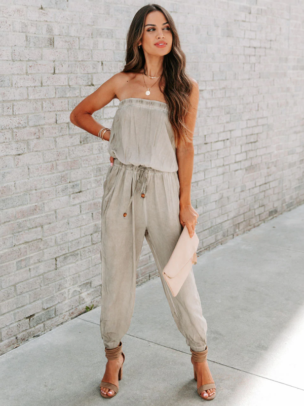 Women's Wrapped Chest Washed Distressed Lace-Up Jumpsuit