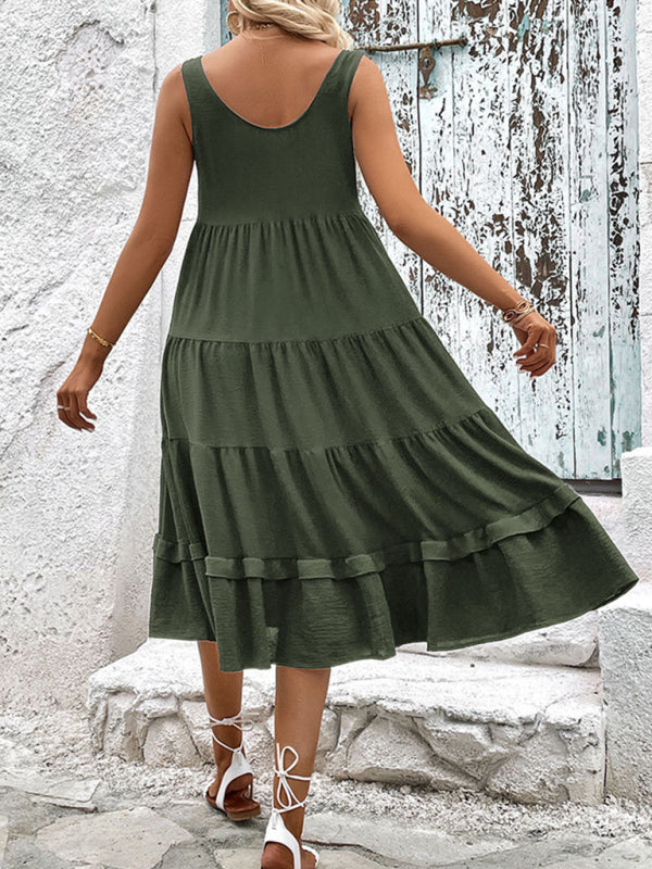 Summer new women's sleeveless slit solid color dress