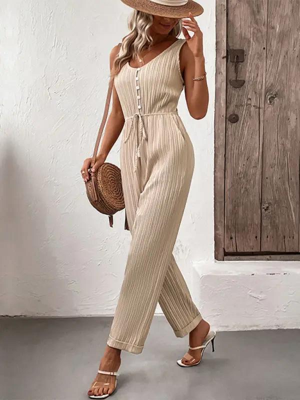 New fashion women's casual solid color suspender jumpsuit
