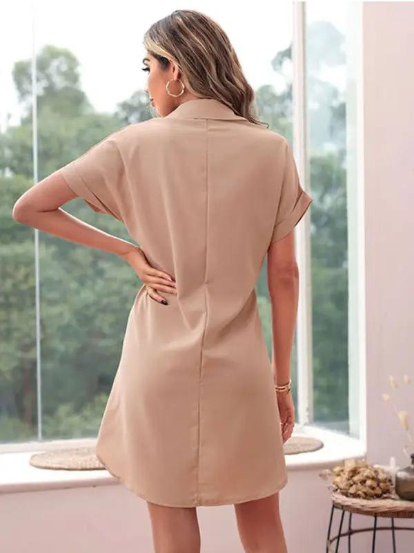 Lapel collar short sleeve solid color shirt dress