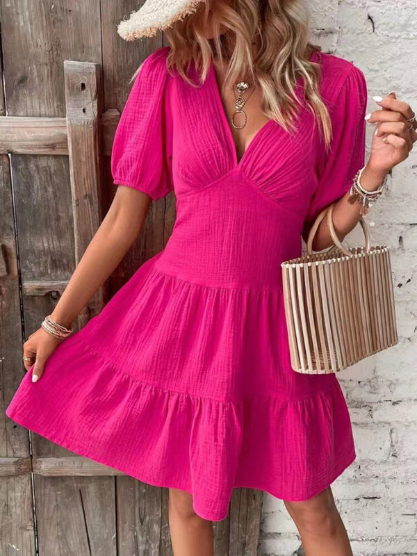 New solid color slim skirt V-neck mid-sleeved dress