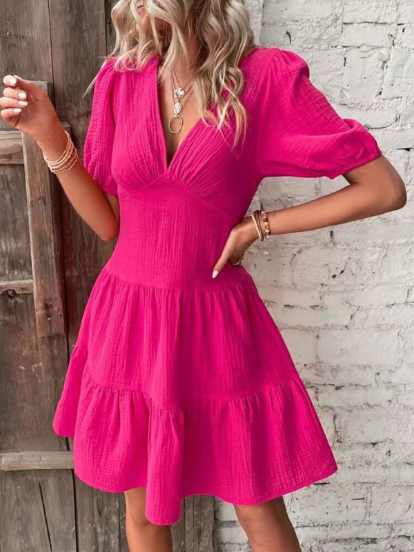 New solid color slim skirt V-neck mid-sleeved dress