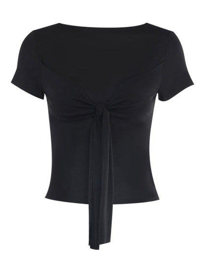 Lace-up Bow Knot Wrapped Chest Design Short Sleeve T-Shirt Slim Fit Round Neck Top Women's Clothing