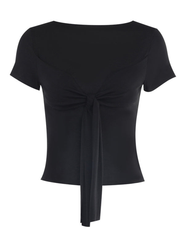 Lace-up Bow Knot Wrapped Chest Design Short Sleeve T-Shirt Slim Fit Round Neck Top Women's Clothing