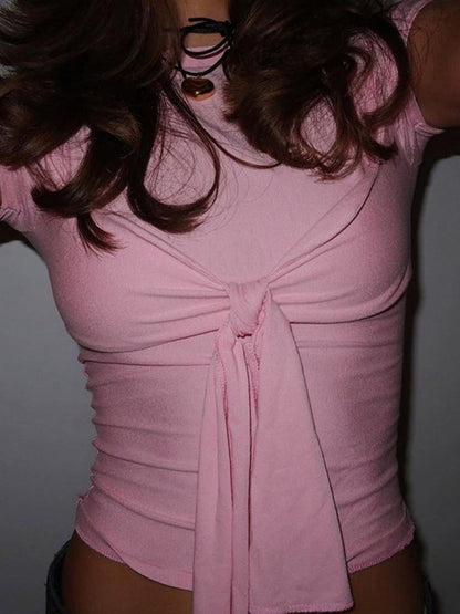 Lace-up Bow Knot Wrapped Chest Design Short Sleeve T-Shirt Slim Fit Round Neck Top Women's Clothing