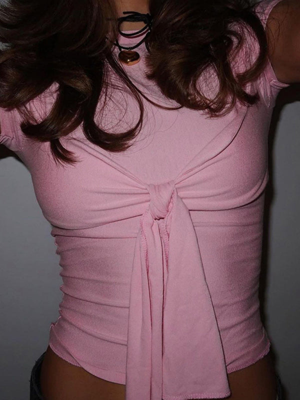 Lace-up Bow Knot Wrapped Chest Design Short Sleeve T-Shirt Slim Fit Round Neck Top Women's Clothing
