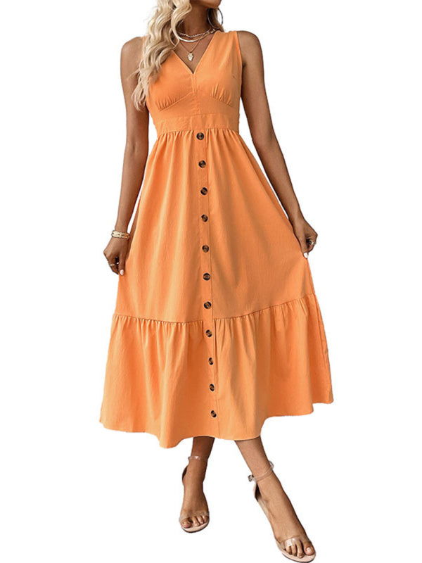 Women's Minimalist Style Solid Color Button V-Neck Sleeveless Dress