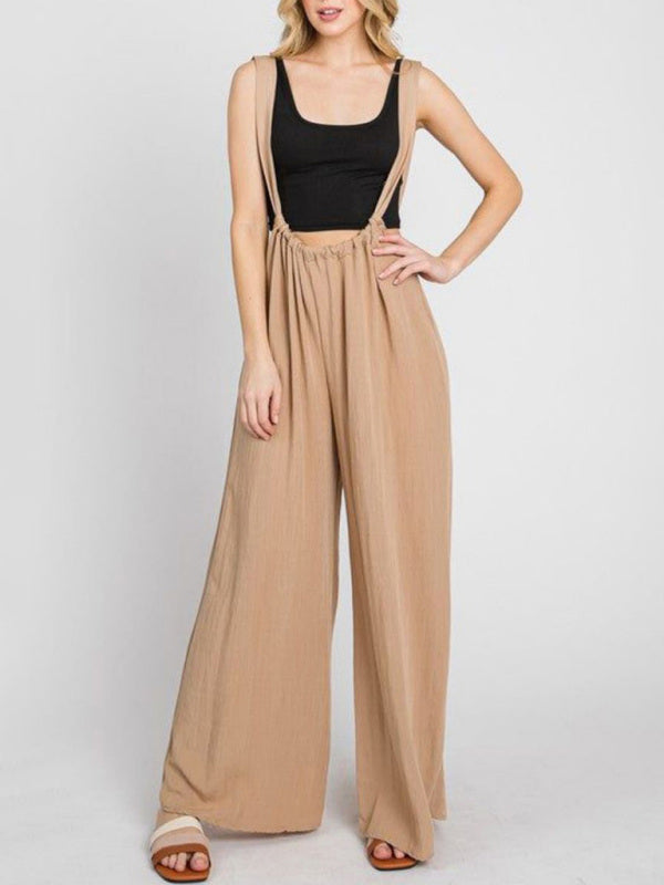 New jumpsuit solid color all-match lace-up loose double side pocket wide-leg trousers