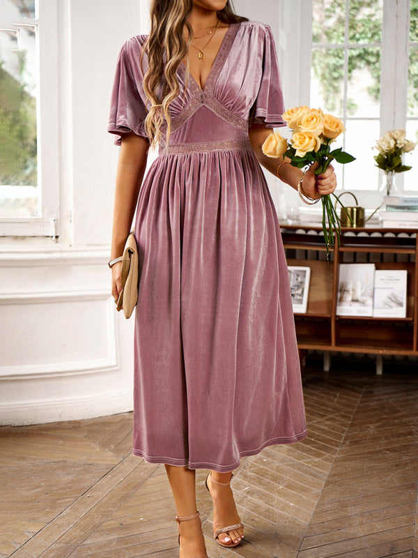 New elegant V-neck short-sleeved velvet dress