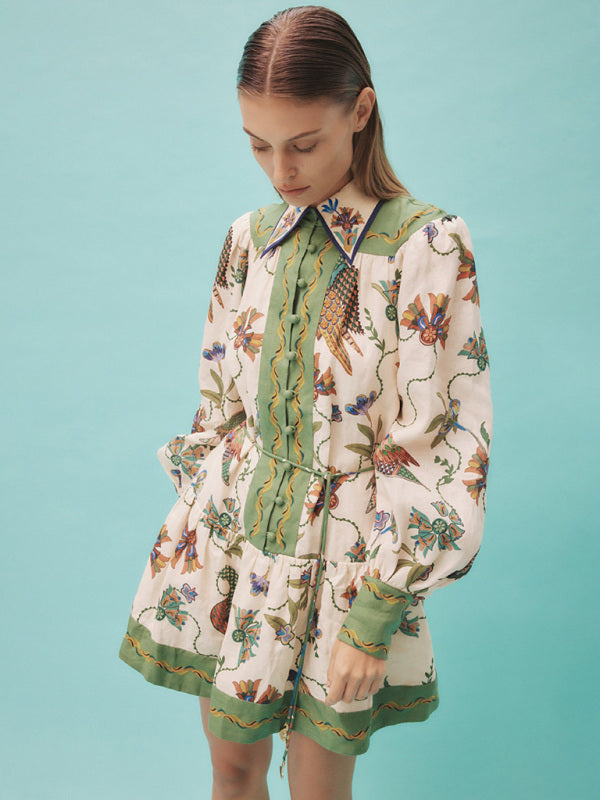 New long-sleeve printed lapel loose tie casual dress