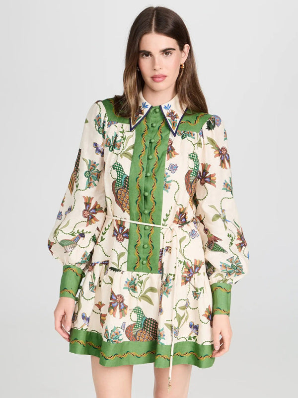 New long-sleeve printed lapel loose tie casual dress