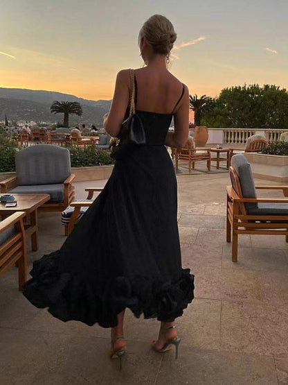 Style A-line skirt with suspenders and big swing three-dimensional flowers