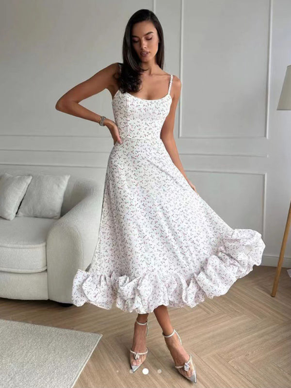 Style A-line skirt with suspenders and big swing three-dimensional flowers