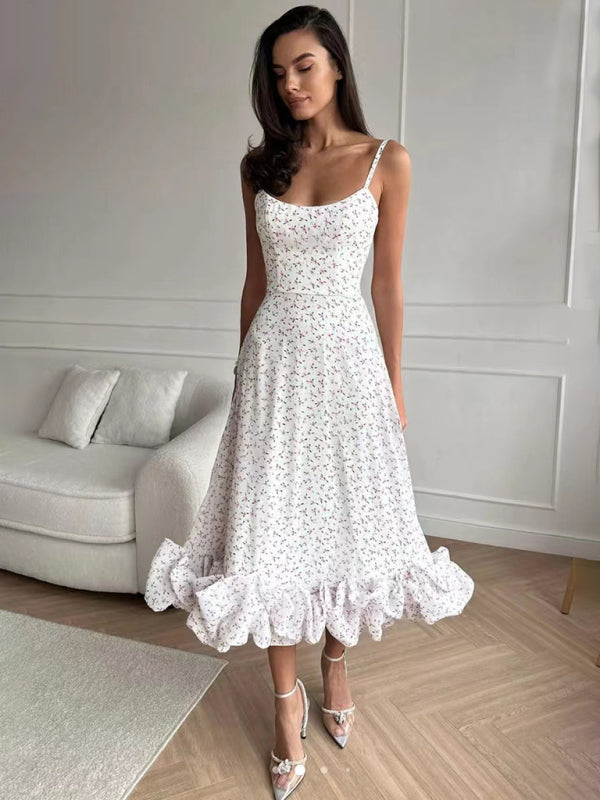 Style A-line skirt with suspenders and big swing three-dimensional flowers