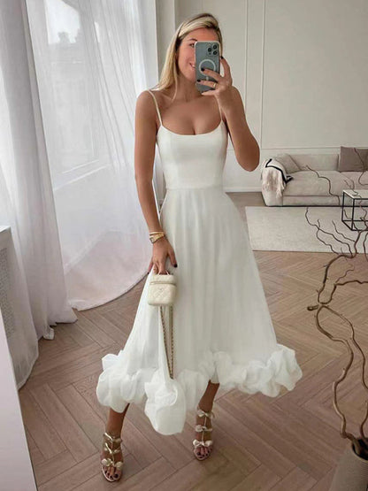 Style A-line skirt with suspenders and big swing three-dimensional flowers