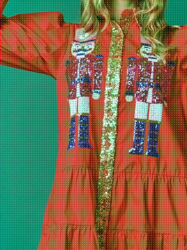 Contrast color long sleeve lapel Christmas sequin dress