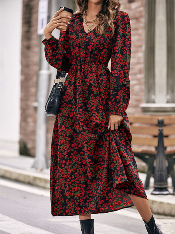 women's autumn winter long sleeve printed dress long skirt
