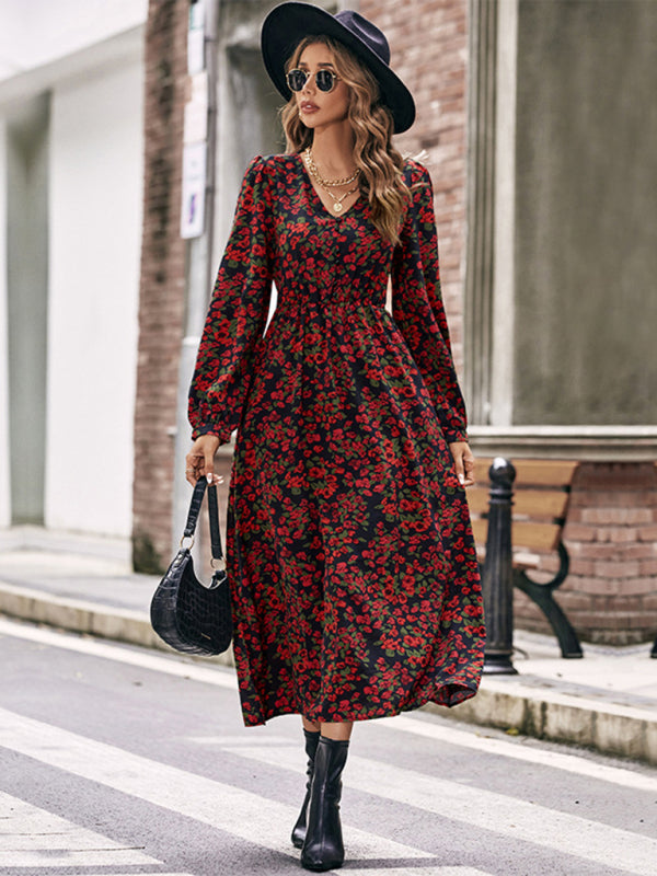 women's autumn winter long sleeve printed dress long skirt