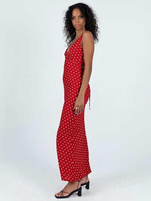 Women's polka dot suspender V-neck fishtail dress