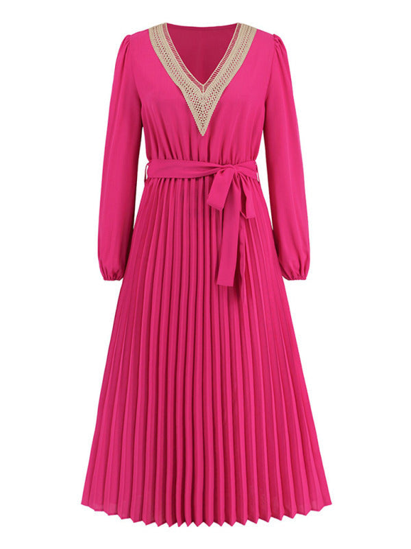 V-neck lace pleated dress mid-length A-line skirt