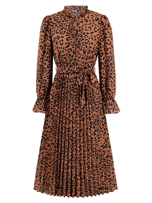 Leopard print stand collar lace up pleated skirt casual midi dress