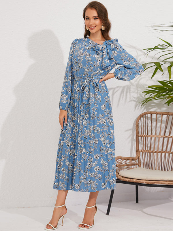 Pleated long-sleeved floral retro bow dress