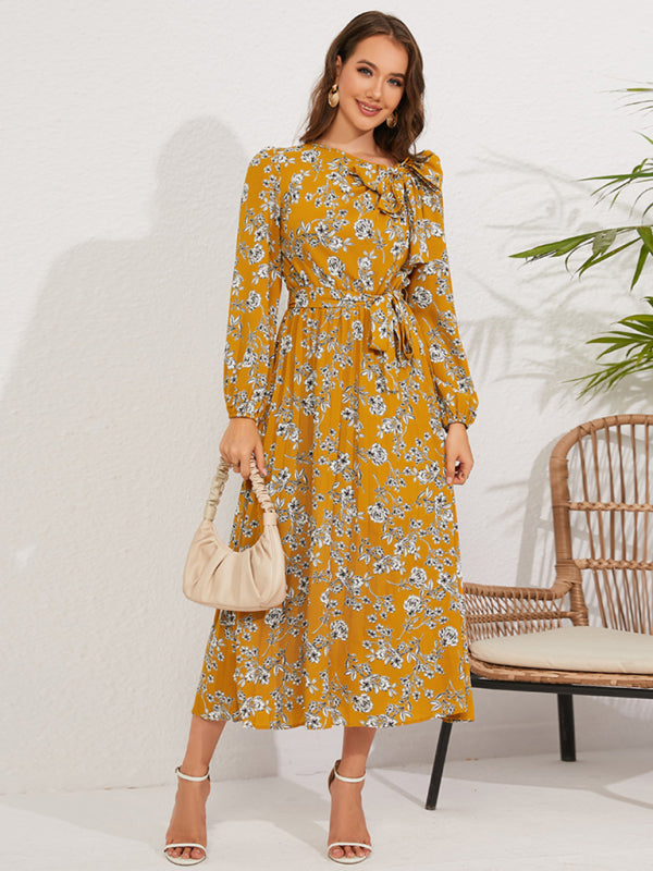 Pleated long-sleeved floral retro bow dress